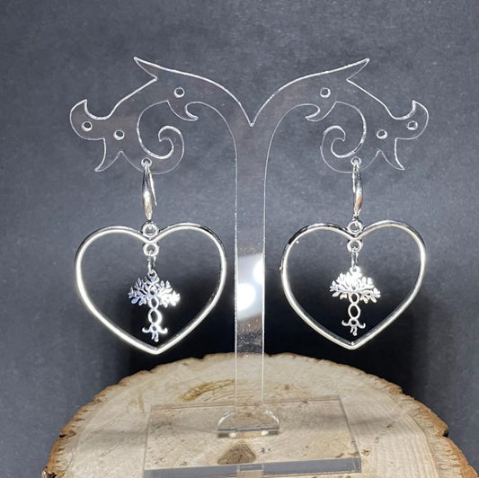NEW Unique Stainless Gorgeous Steel & Alloy Tree of Life Silver Tone Heart Hoop Earrings