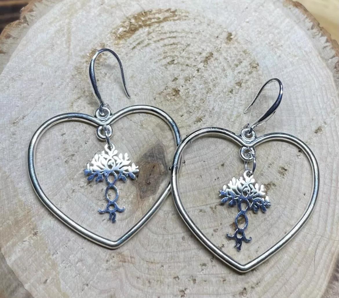 NEW Unique Stainless Gorgeous Steel & Alloy Tree of Life Silver Tone Heart Hoop Earrings