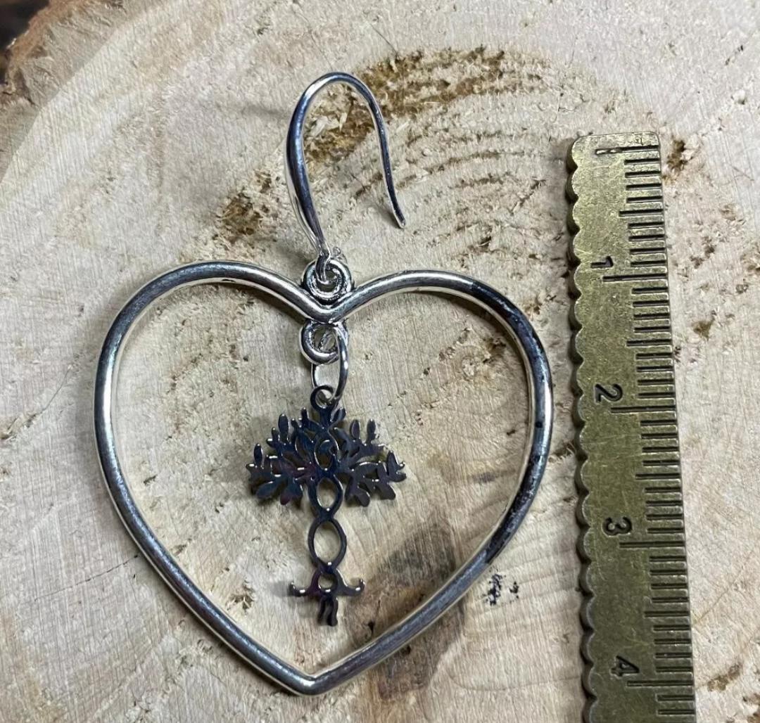 NEW Unique Stainless Gorgeous Steel & Alloy Tree of Life Silver Tone Heart Hoop Earrings