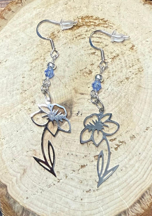 NEW Stainless Steel Silver Hollow Flower Outline Charm & Baby Blue Bead Earrings
