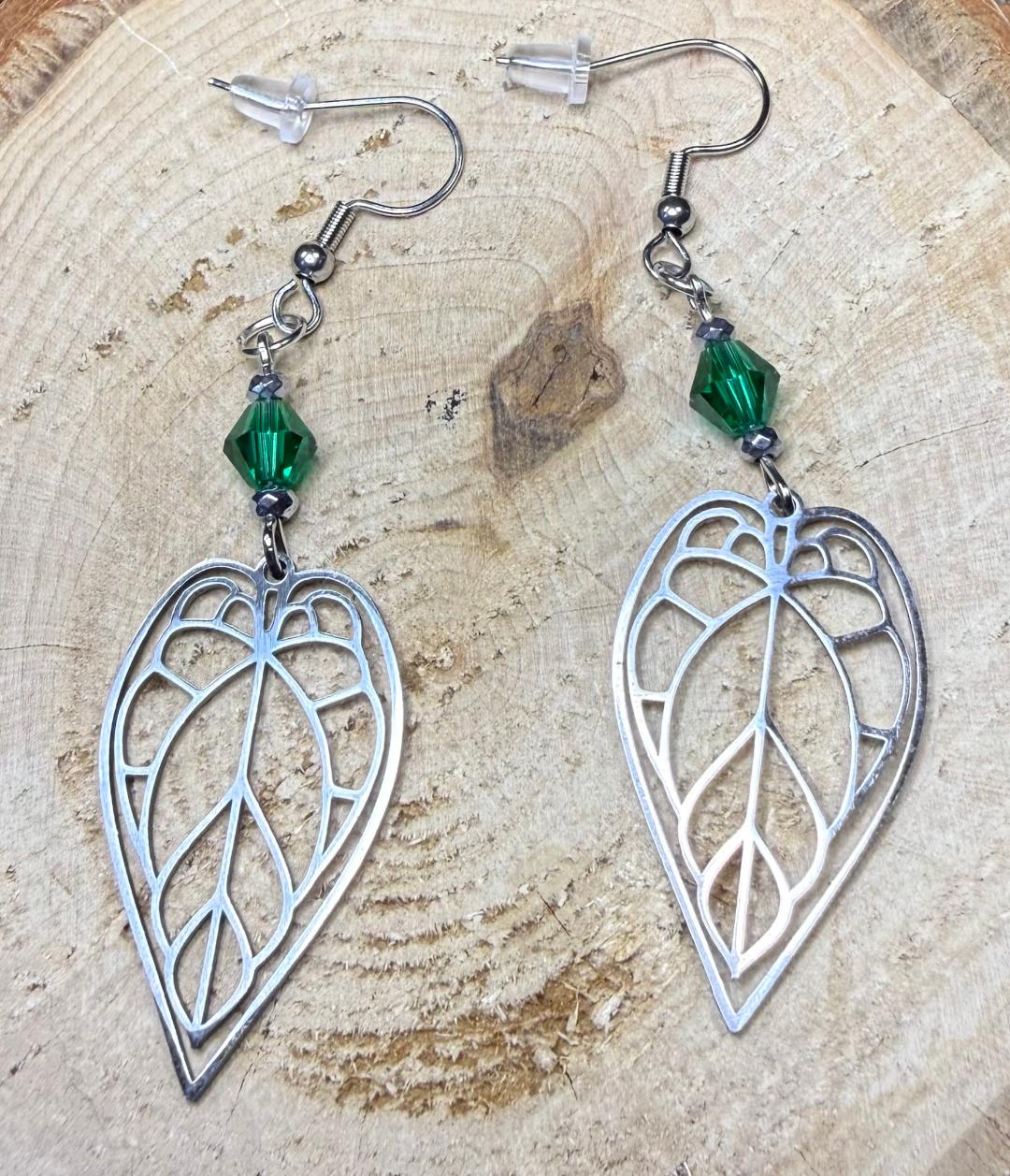 NEW Silver Hollow Leaf Stainless Steel Earrings w/ Green Glass Beads