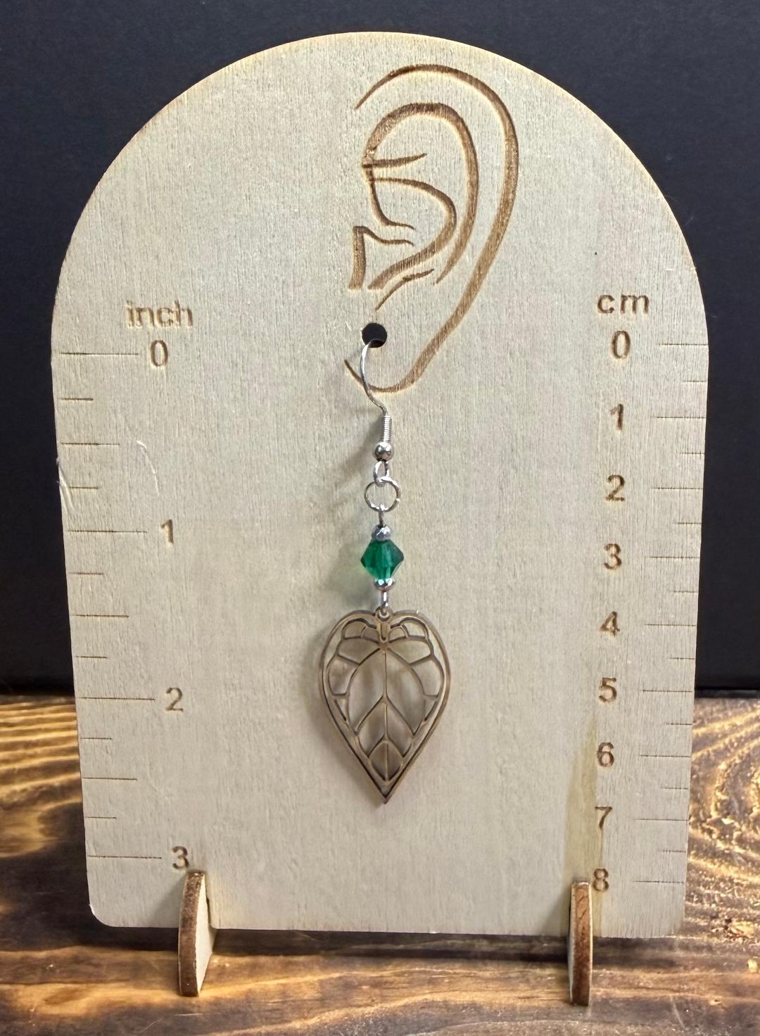 NEW Silver Hollow Leaf Stainless Steel Earrings w/ Green Glass Beads