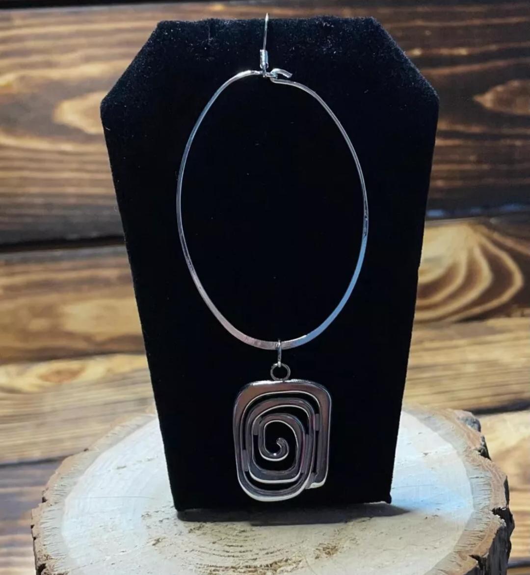 NEW Stainless Steel Geometric Spiral Square Silver Tone Hoop Drop Earrings