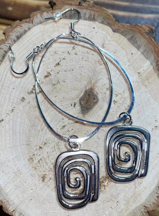 NEW Stainless Steel Geometric Spiral Square Silver Tone Hoop Drop Earrings