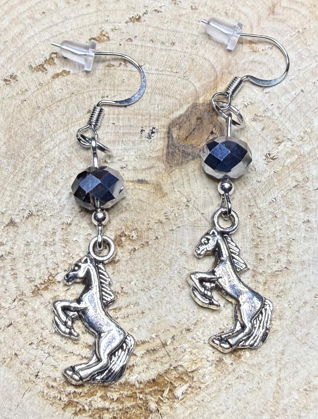 NEW Horse Charm Earrings w/ Silver Faceted Glass Beads