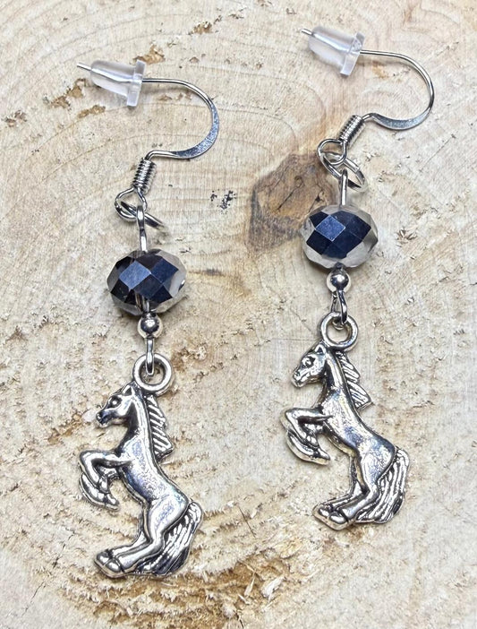 NEW Horse Charm Earrings w/ Silver Faceted Glass Beads