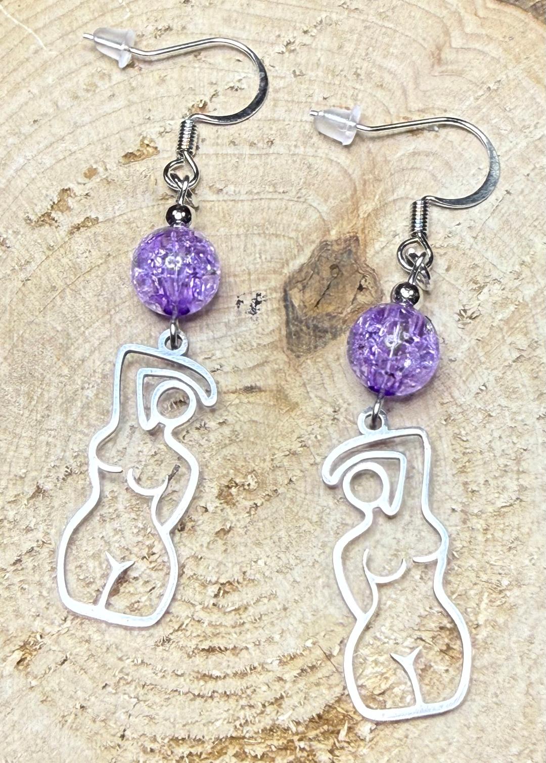 NEW Silver Stainless Steel Female Body Outline Earrings w/ Purple Crackle Glass Beads
