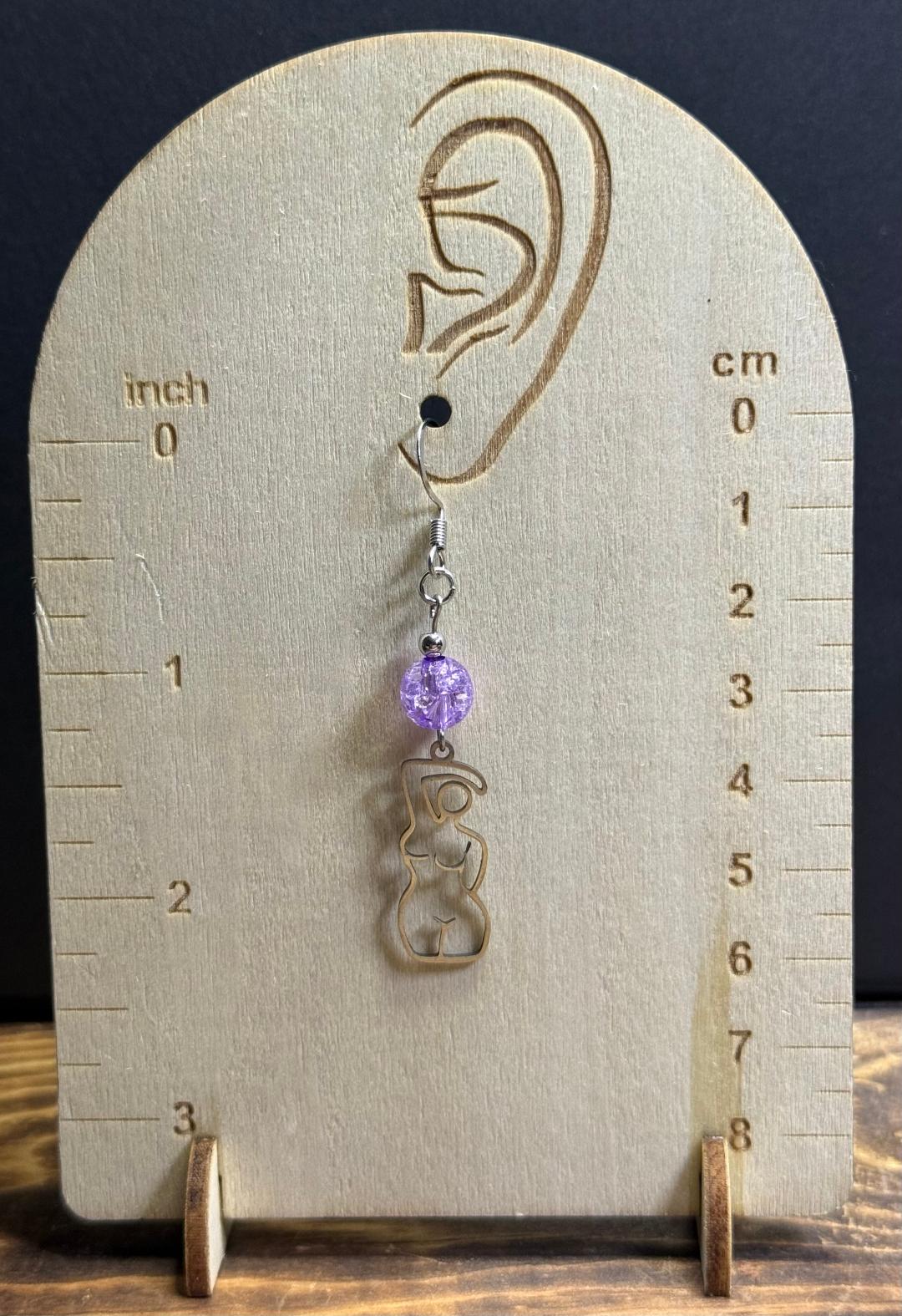 NEW Silver Stainless Steel Female Body Outline Earrings w/ Purple Crackle Glass Beads