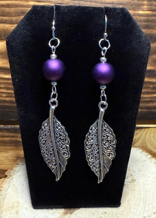 NEW Silver Leaf & Matte Satin Finish Purple Bead Earrings