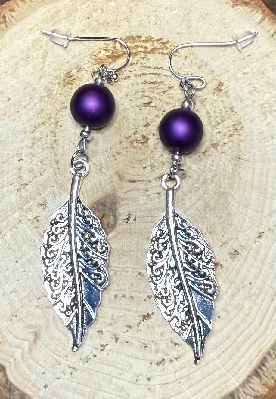 NEW Silver Leaf & Matte Satin Finish Purple Bead Earrings