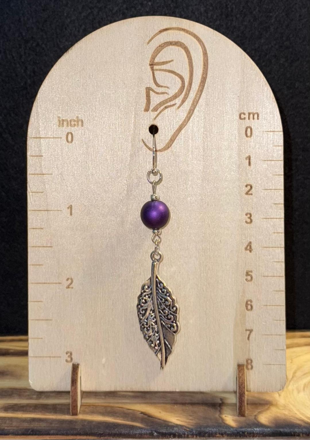 NEW Silver Leaf & Matte Satin Finish Purple Bead Earrings