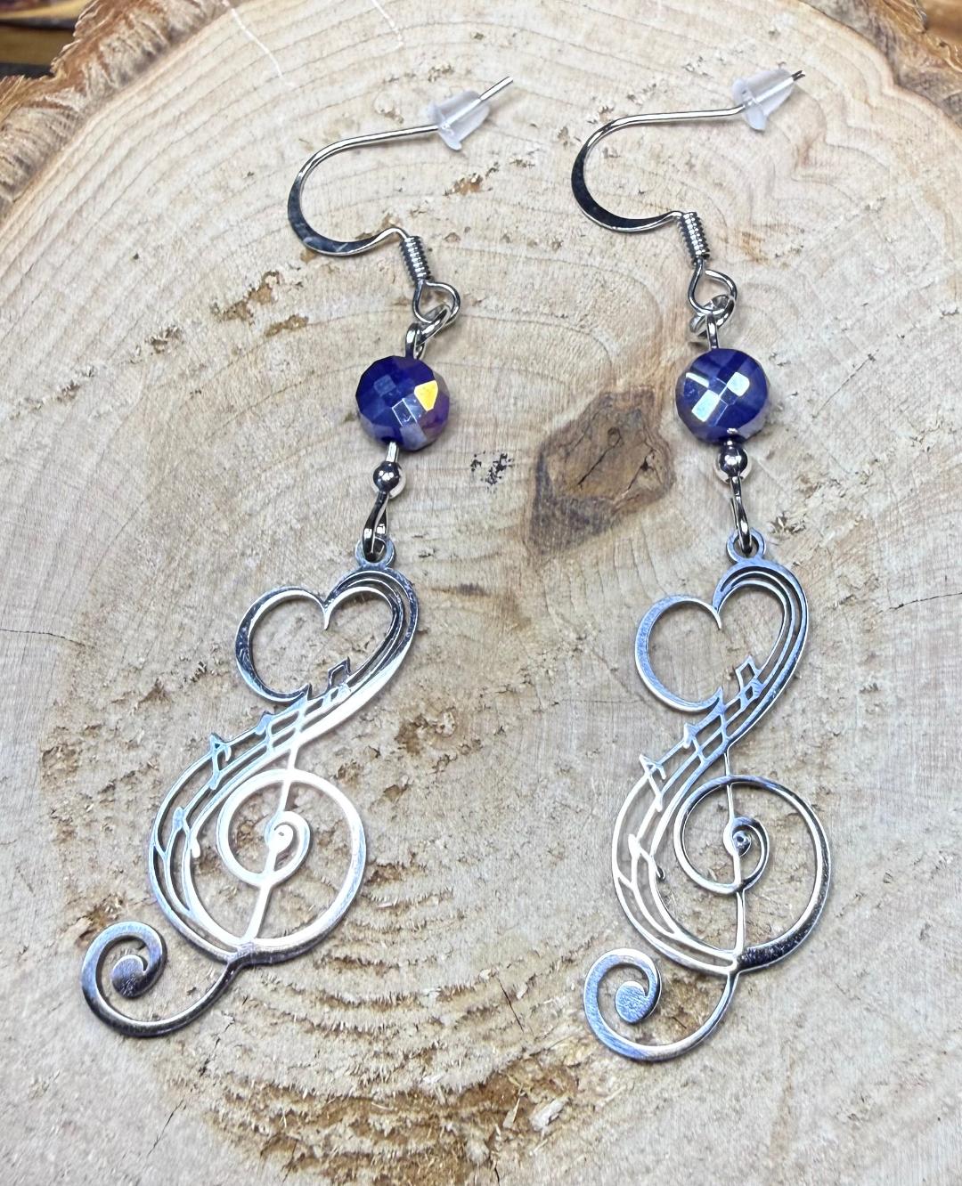 NEW Musical Note Earrings in Stainless Steel w/ Blue Beads