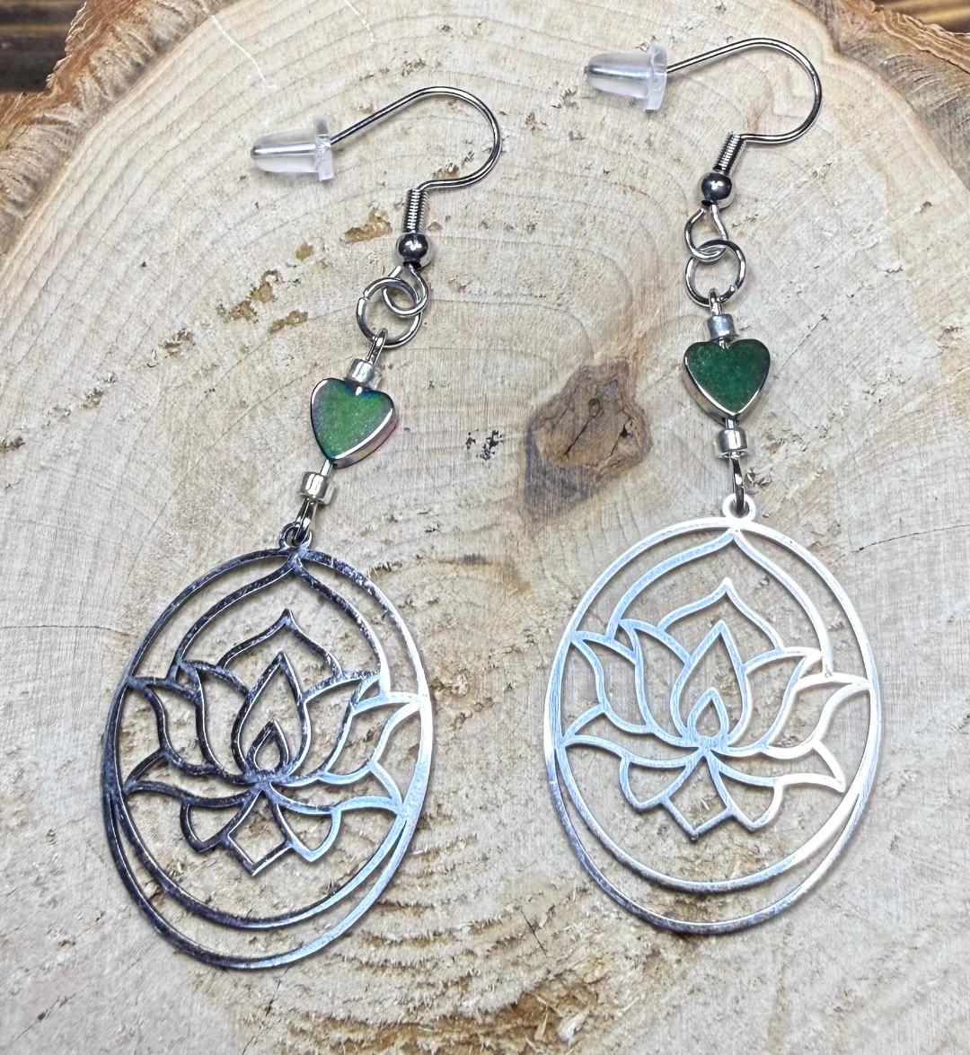 NEW Silver Stainless Steel Lotus Charm Earrings w/ Small Heart Bead