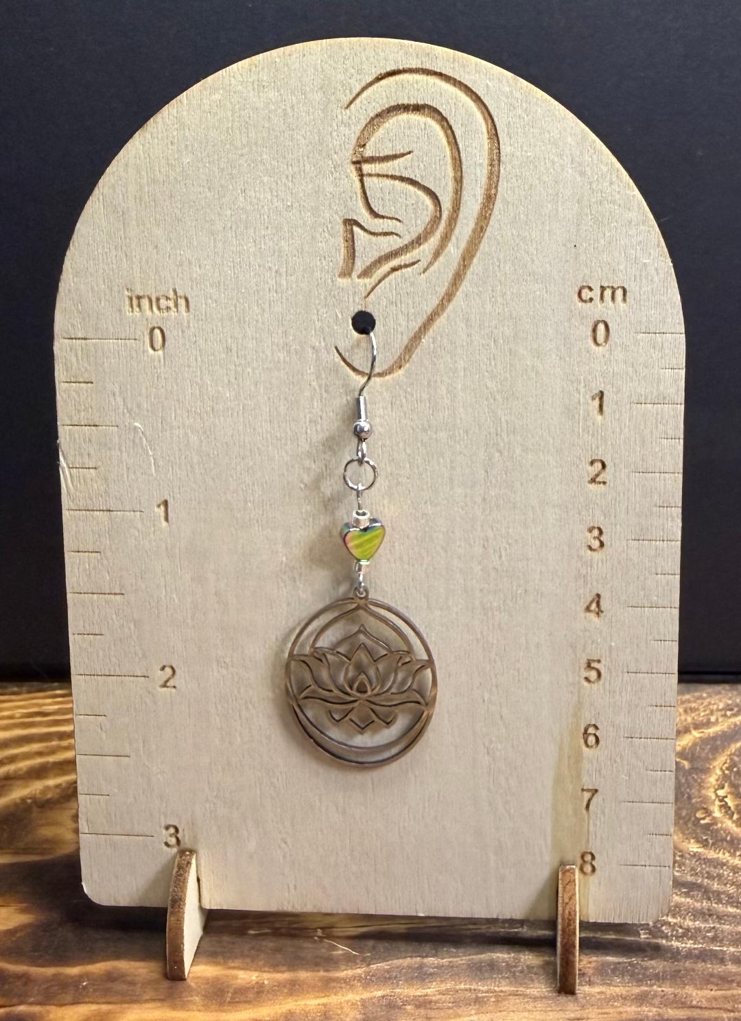 NEW Silver Stainless Steel Lotus Charm Earrings w/ Small Heart Bead