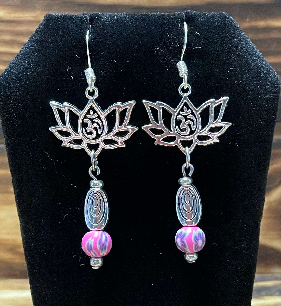 NEW Lotus Charm Earrings w/ Chic Hot Pink Beads