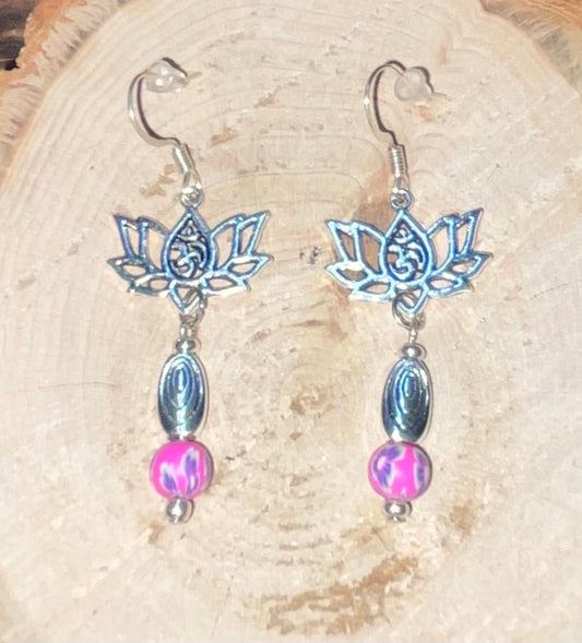 NEW Lotus Charm Earrings w/ Chic Hot Pink Beads