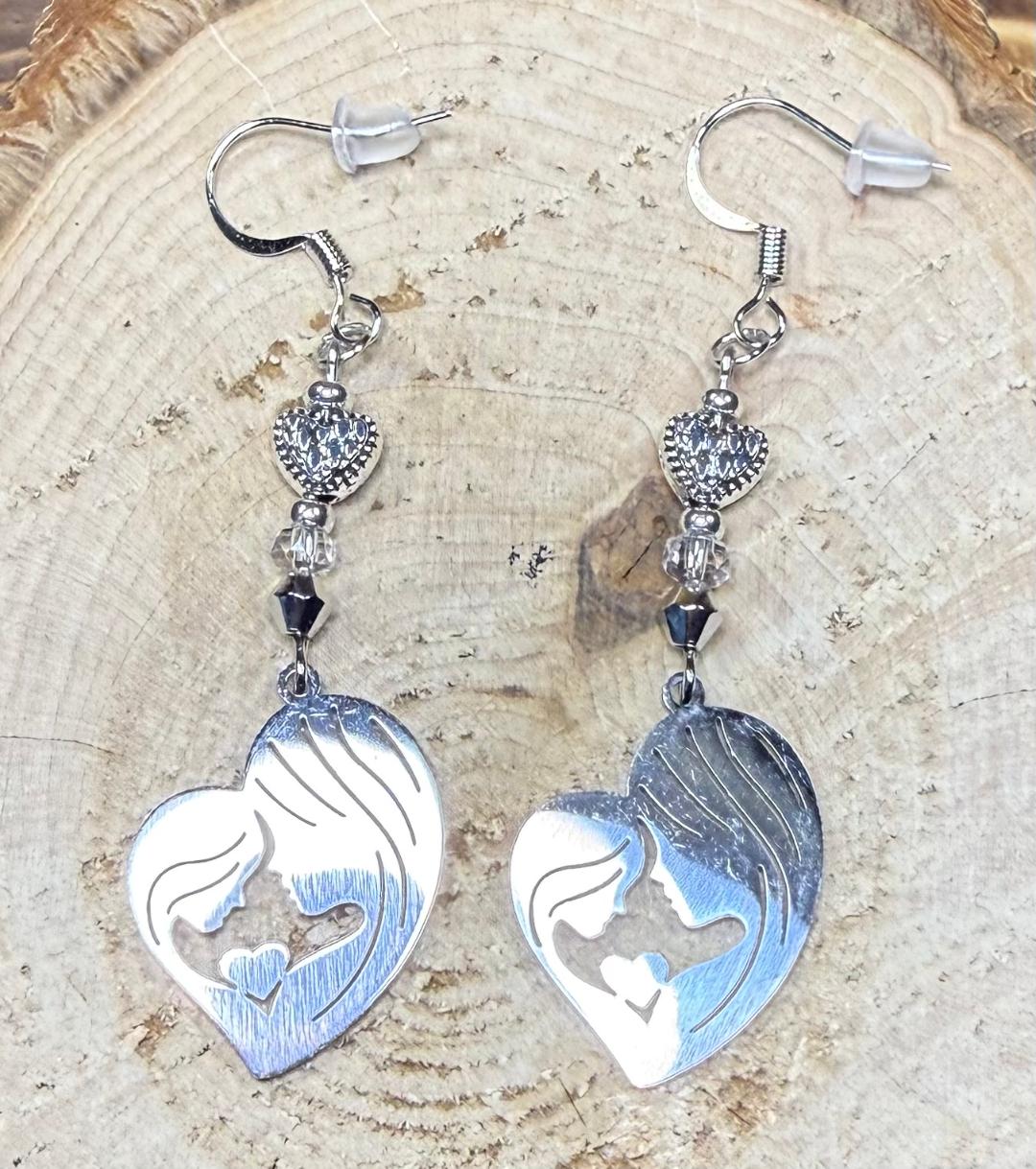 NEW Mother & Daughter Silver Stainless Steel Earrings w/ Filigree Heart Beads