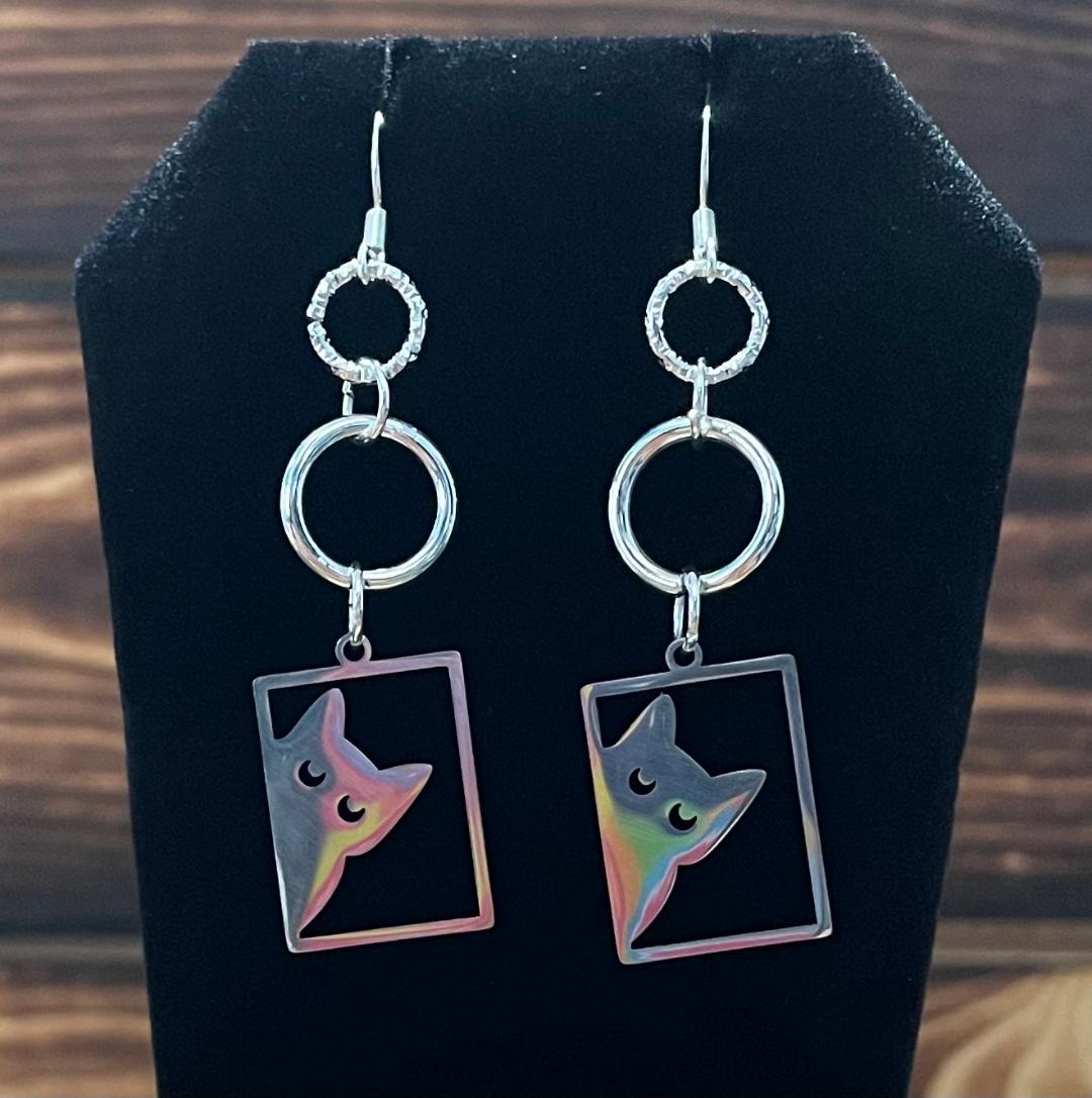 NEW Stainless Steel Peeking Cat Drop Dangle Earrings