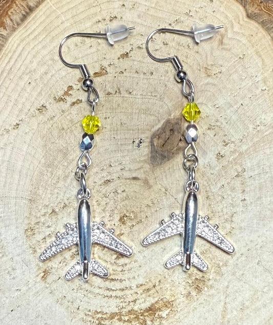 NEW Silver Airplane Rhinestone Charm Earrings w/ Yellow Faceted Glass Beads