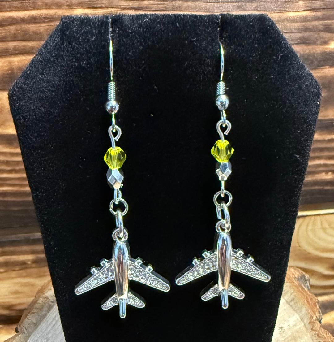NEW Silver Airplane Rhinestone Charm Earrings w/ Yellow Faceted Glass Beads