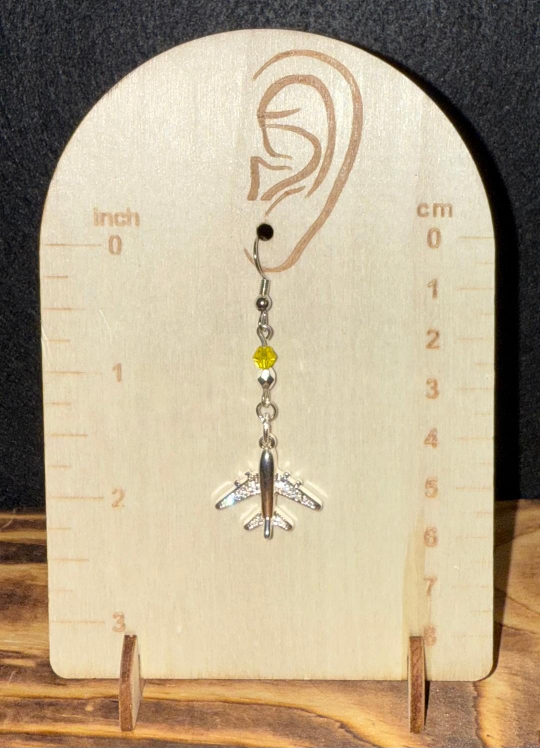 NEW Silver Airplane Rhinestone Charm Earrings w/ Yellow Faceted Glass Beads