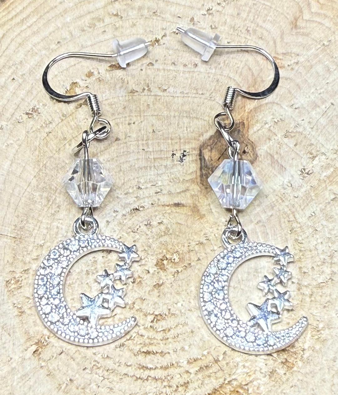 NEW Sparkling Rhinestone Silver Crescent Moon & Stars Earrings w/ Clear Glass Beads