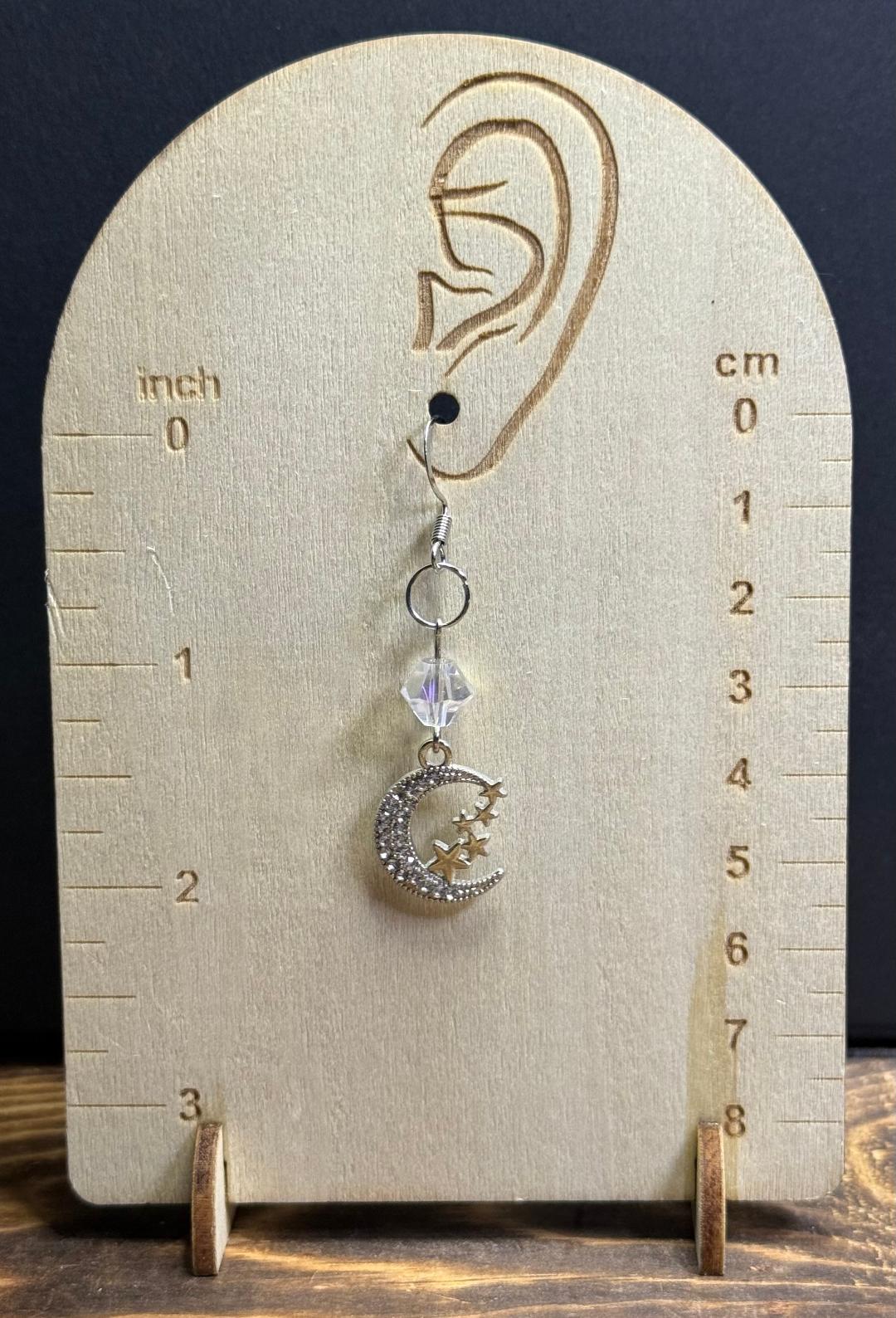 NEW Sparkling Rhinestone Silver Crescent Moon & Stars Earrings w/ Clear Glass Beads