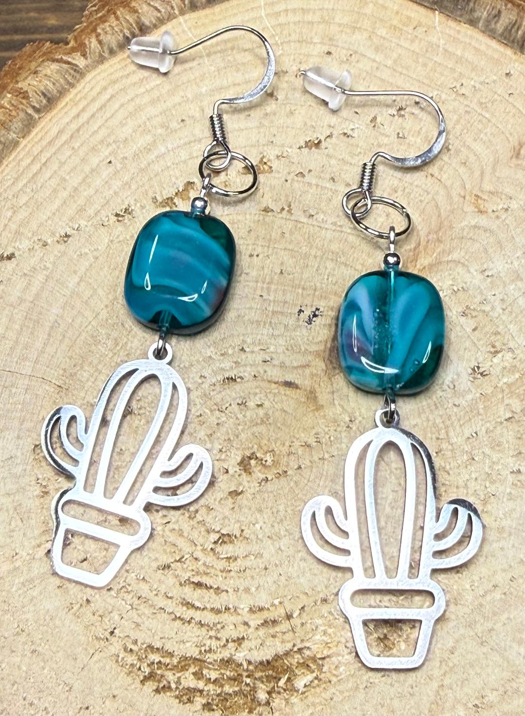 NEW Silver Stainless Steel Hollow Cactus Earrings w/ Aqua Green Swirl Glass Beads
