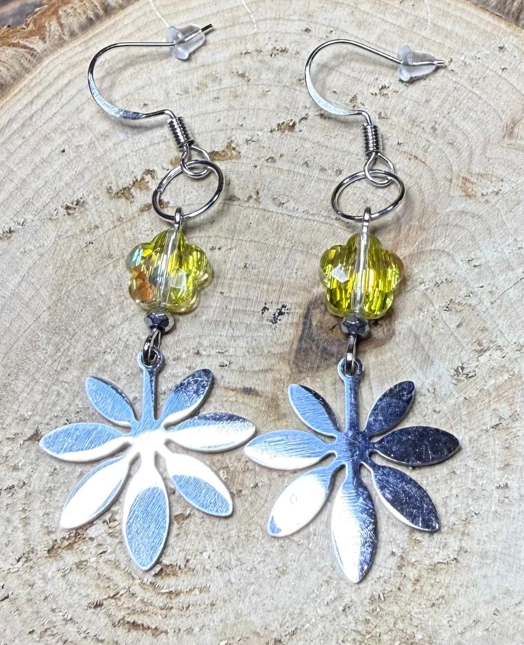NEW Floral Silver Stainless Steel Charm Earrings w/ Yellow Glass Beads