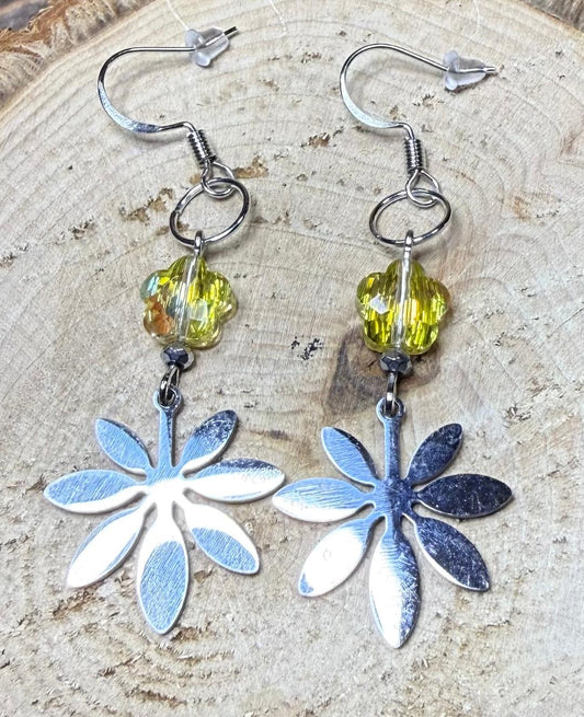 NEW Floral Silver Stainless Steel Charm Earrings w/ Yellow Glass Beads