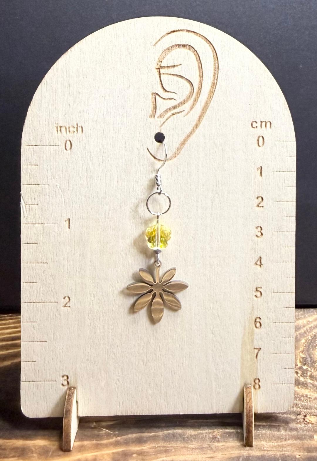 NEW Floral Silver Stainless Steel Charm Earrings w/ Yellow Glass Beads