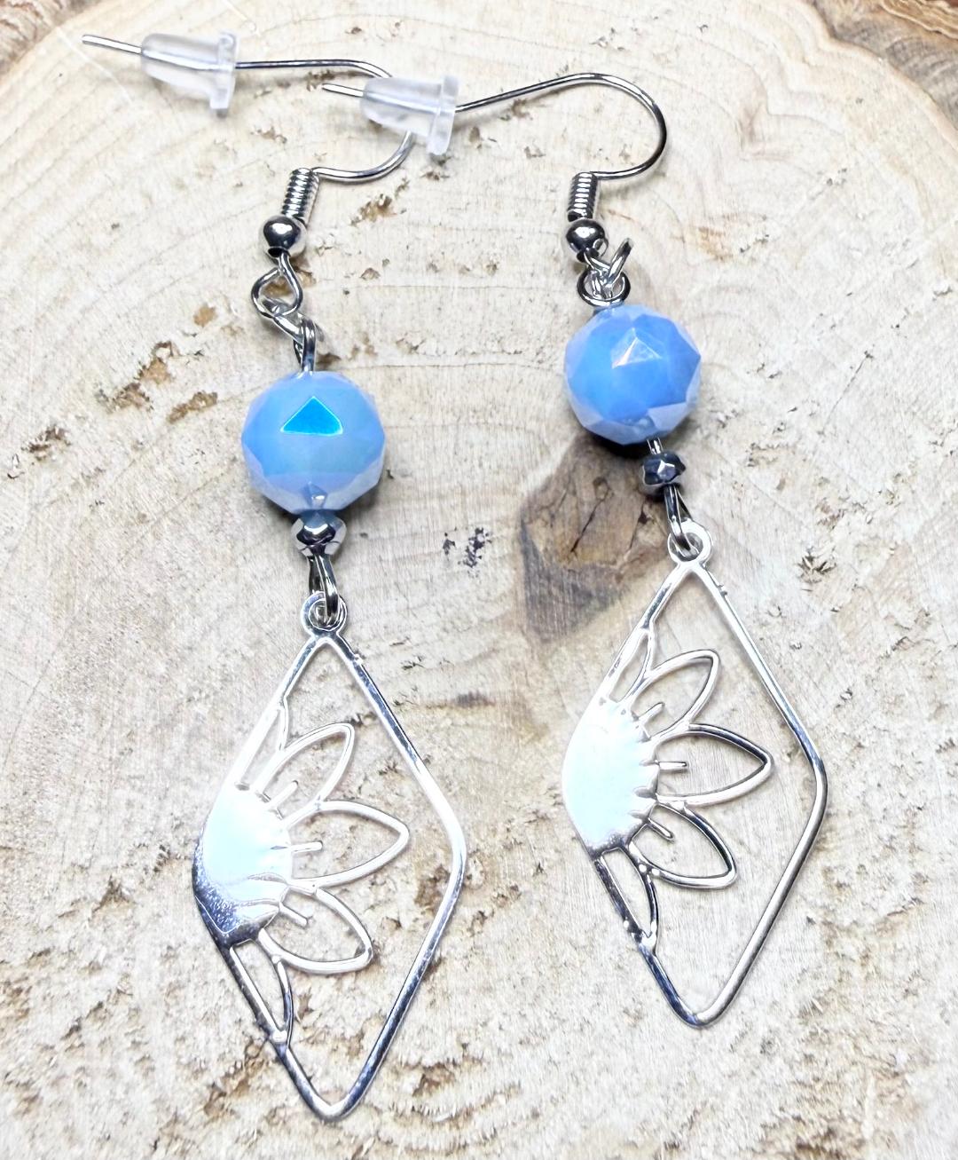 NEW Silver Stainless Steel Flower Charm Earrings w/ Opaque Blue Glass Beads