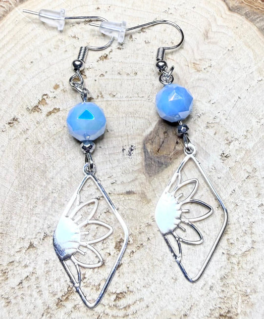 NEW Silver Stainless Steel Flower Charm Earrings w/ Opaque Blue Glass Beads