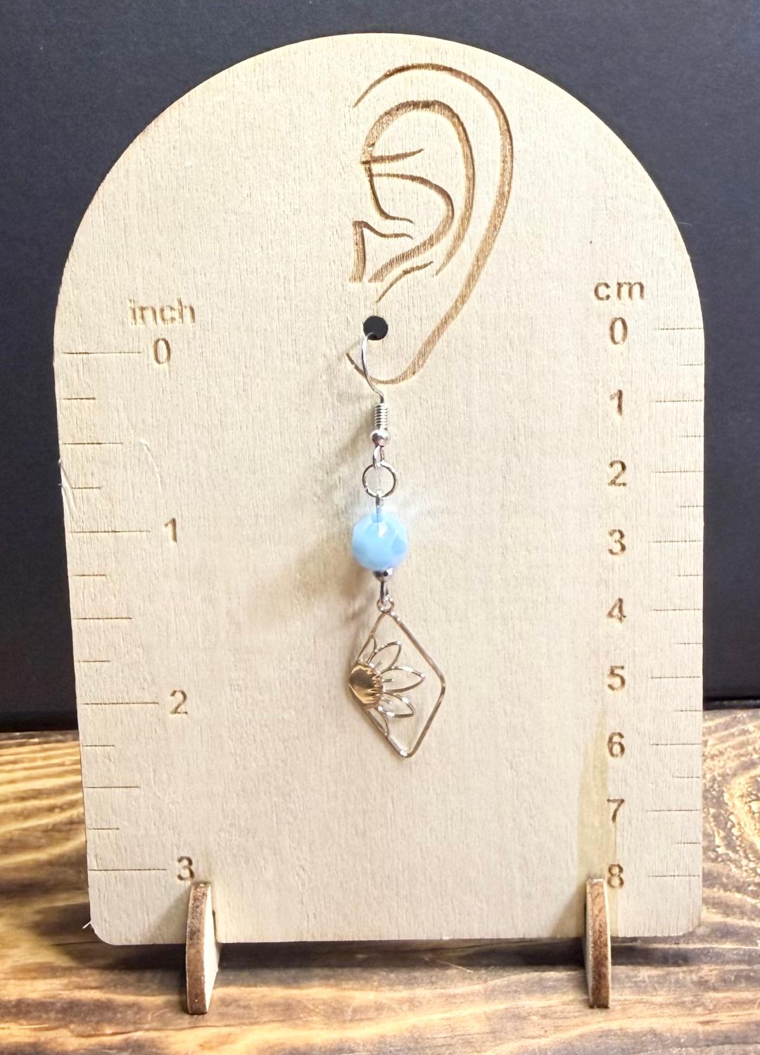 NEW Silver Stainless Steel Flower Charm Earrings w/ Opaque Blue Glass Beads