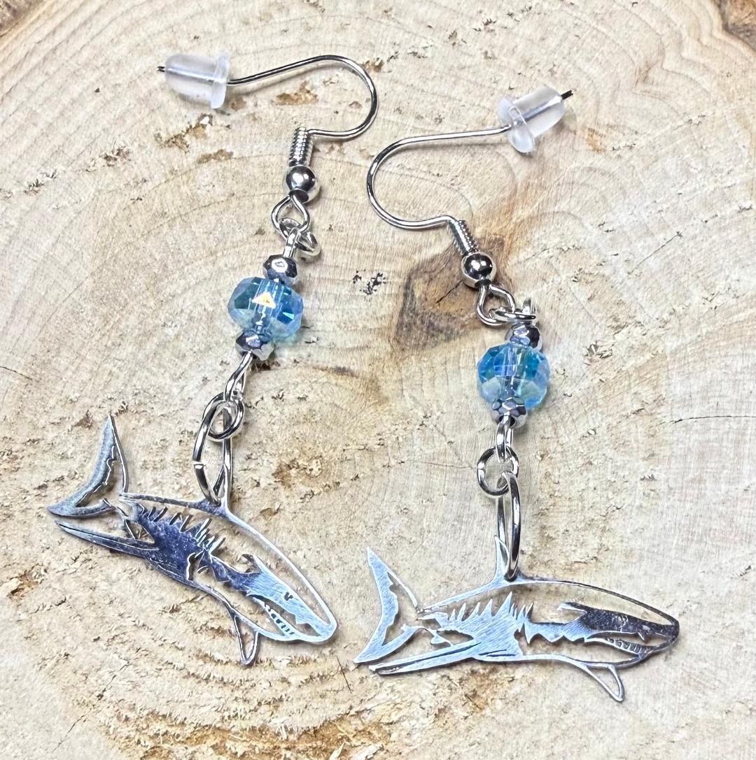 NEW Stainless Steel Silver Shark Charm Earrings w/ Glass Beads