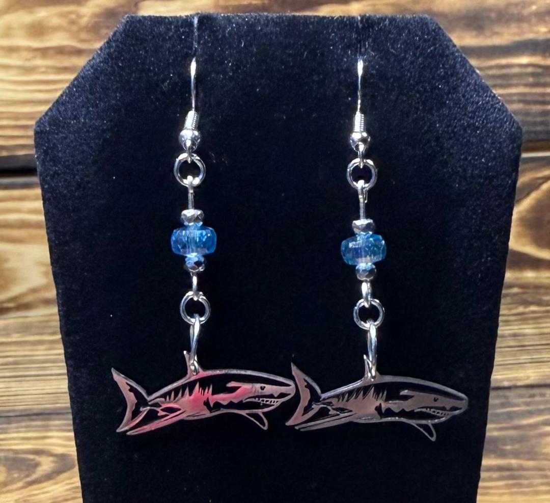 NEW Stainless Steel Silver Shark Charm Earrings w/ Glass Beads