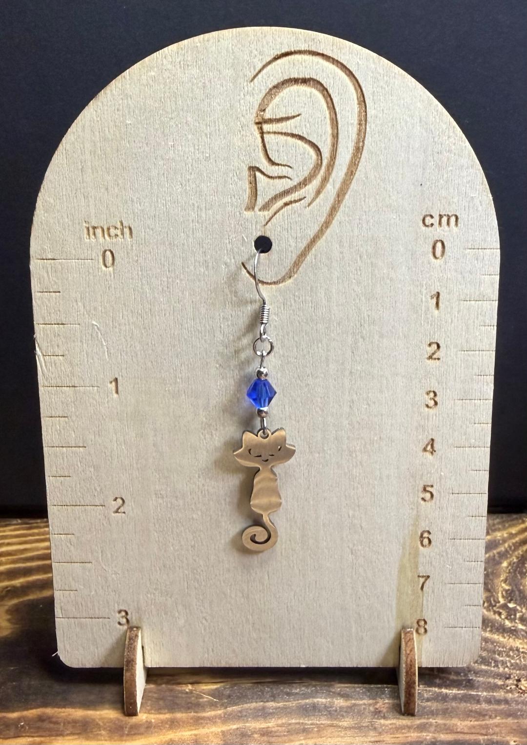 NEW Silver Stainless Steel Retro Cat Earrings w/ Royal Blue Glass Beads