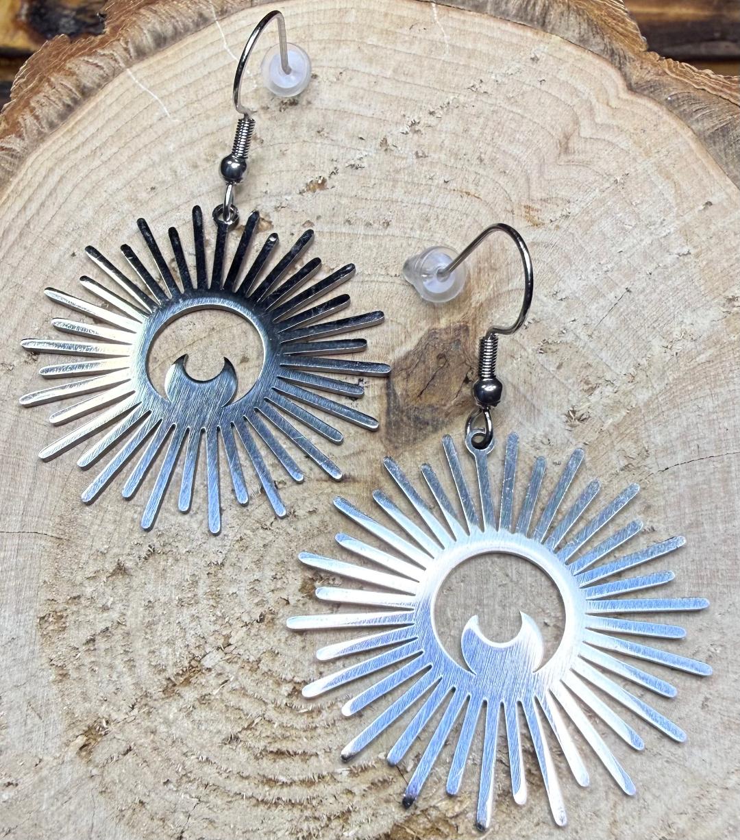 NEW Silver Stainless Steel Sunburst & Moon Celestial Earrings
