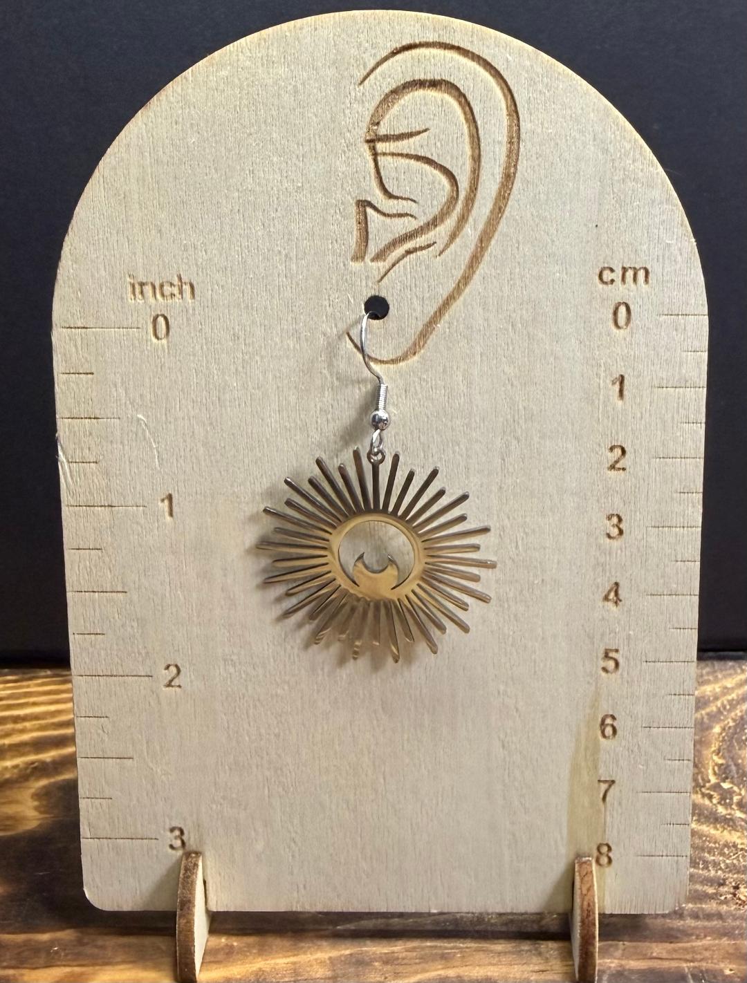 NEW Silver Stainless Steel Sunburst & Moon Celestial Earrings