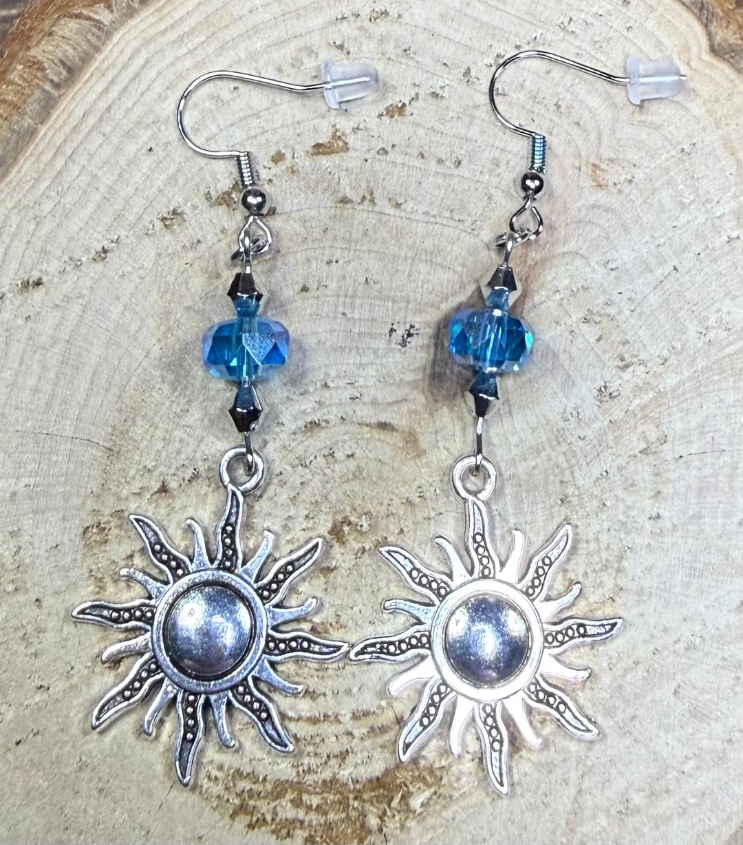 NEW Sunburst Charm Earrings w/ Faceted Glass Teal Blue Beads