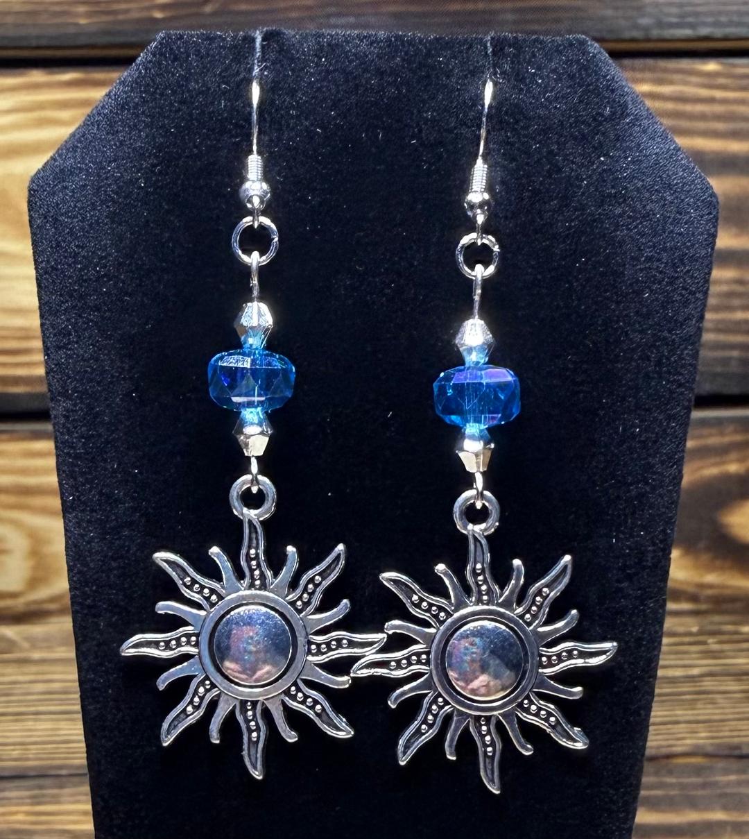 NEW Sunburst Charm Earrings w/ Faceted Glass Teal Blue Beads