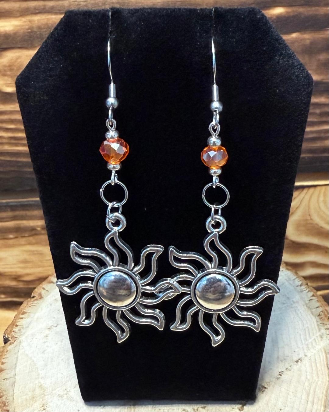 NEW Silver Sunburst & Orange Glass Faceted Beaded Earrings