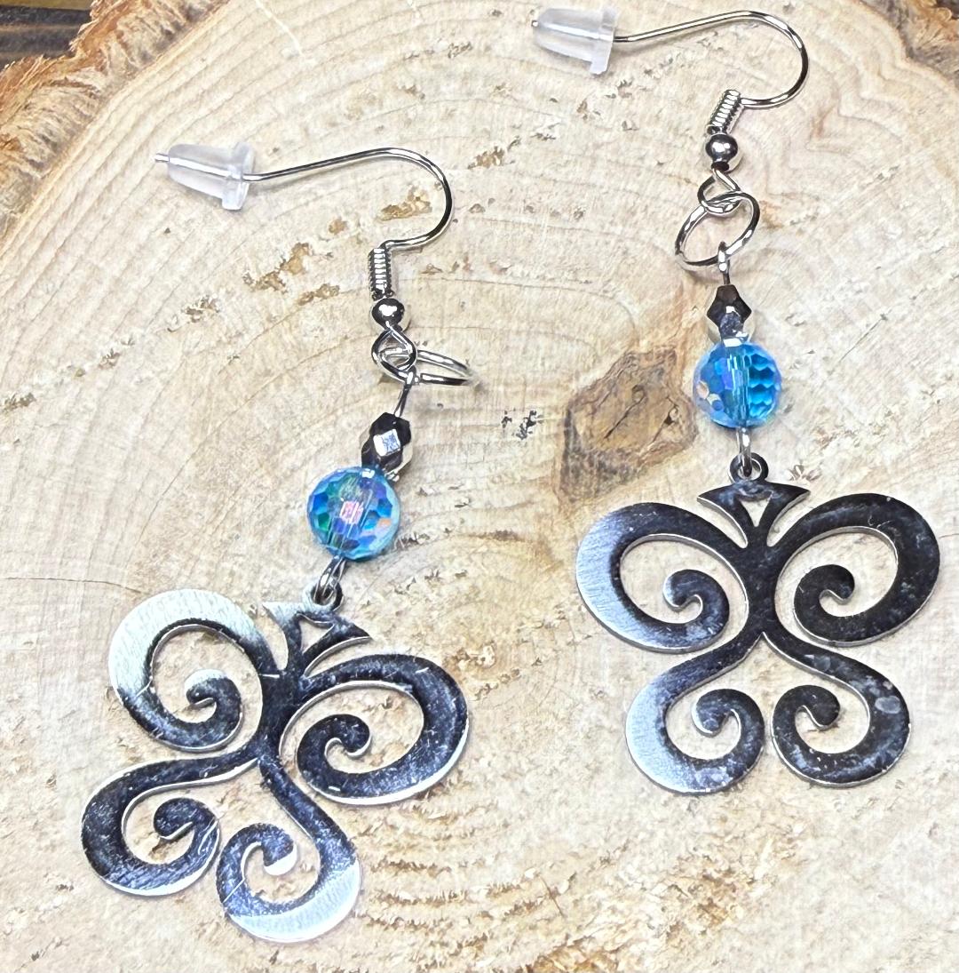 NEW Swirl Stainless Steel Silver Butterfly Earrings w/ Multifaceted Teal Blue Beads