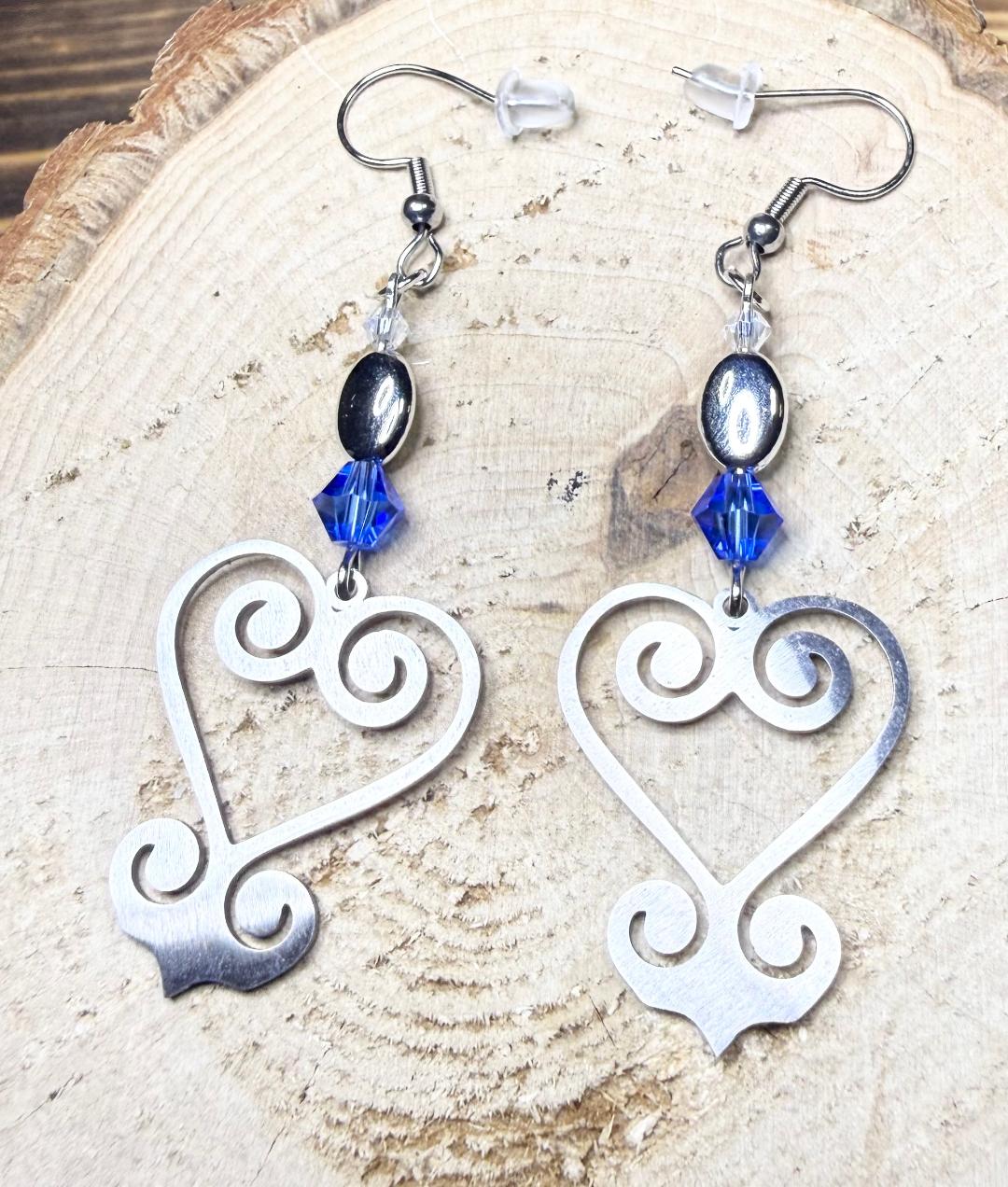 NEW Swirl Silver Stainless Steel Heart Earrings w/ Royal Blue Glass Beads