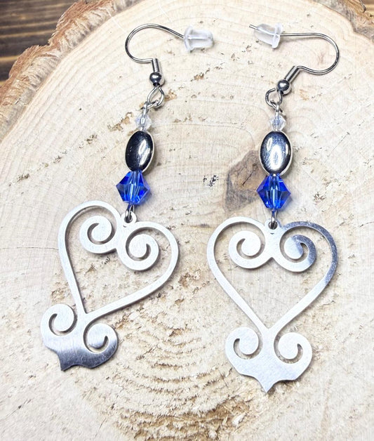 NEW Swirl Silver Stainless Steel Heart Earrings w/ Royal Blue Glass Beads