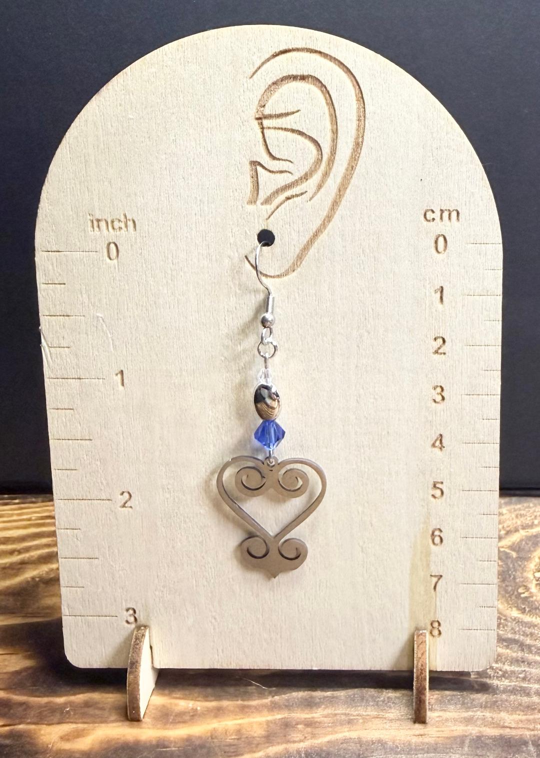 NEW Swirl Silver Stainless Steel Heart Earrings w/ Royal Blue Glass Beads