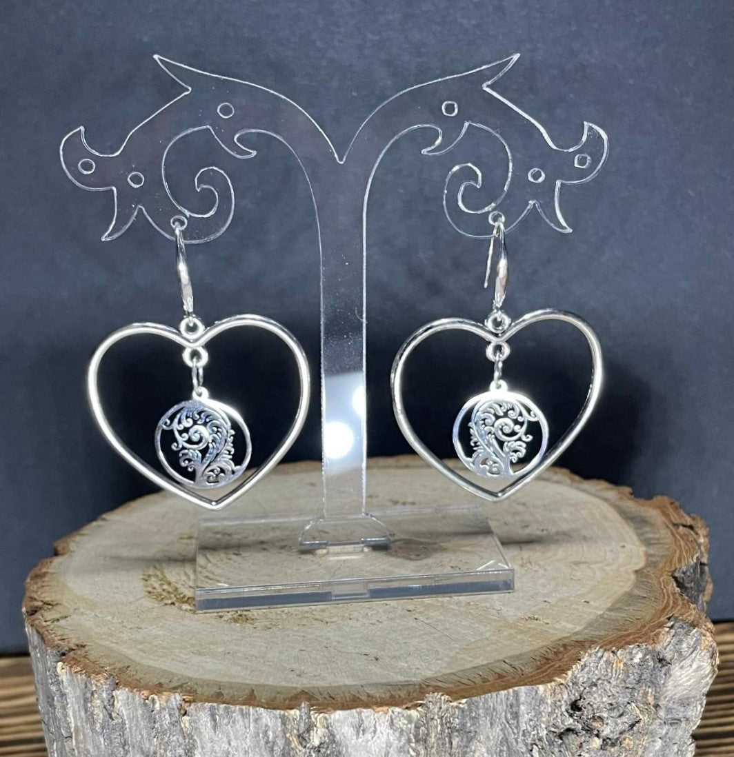 NEW Unique Stainless Steel & Alloy Silver Tone Swirl Charm Heart Hoop Earrings