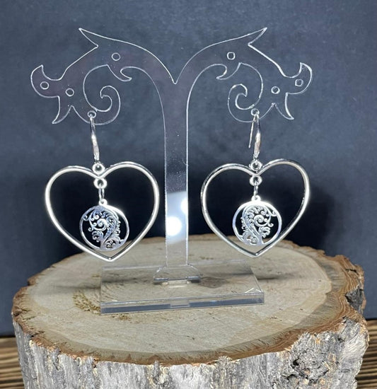 NEW Unique Stainless Steel & Alloy Silver Tone Swirl Charm Heart Hoop Earrings