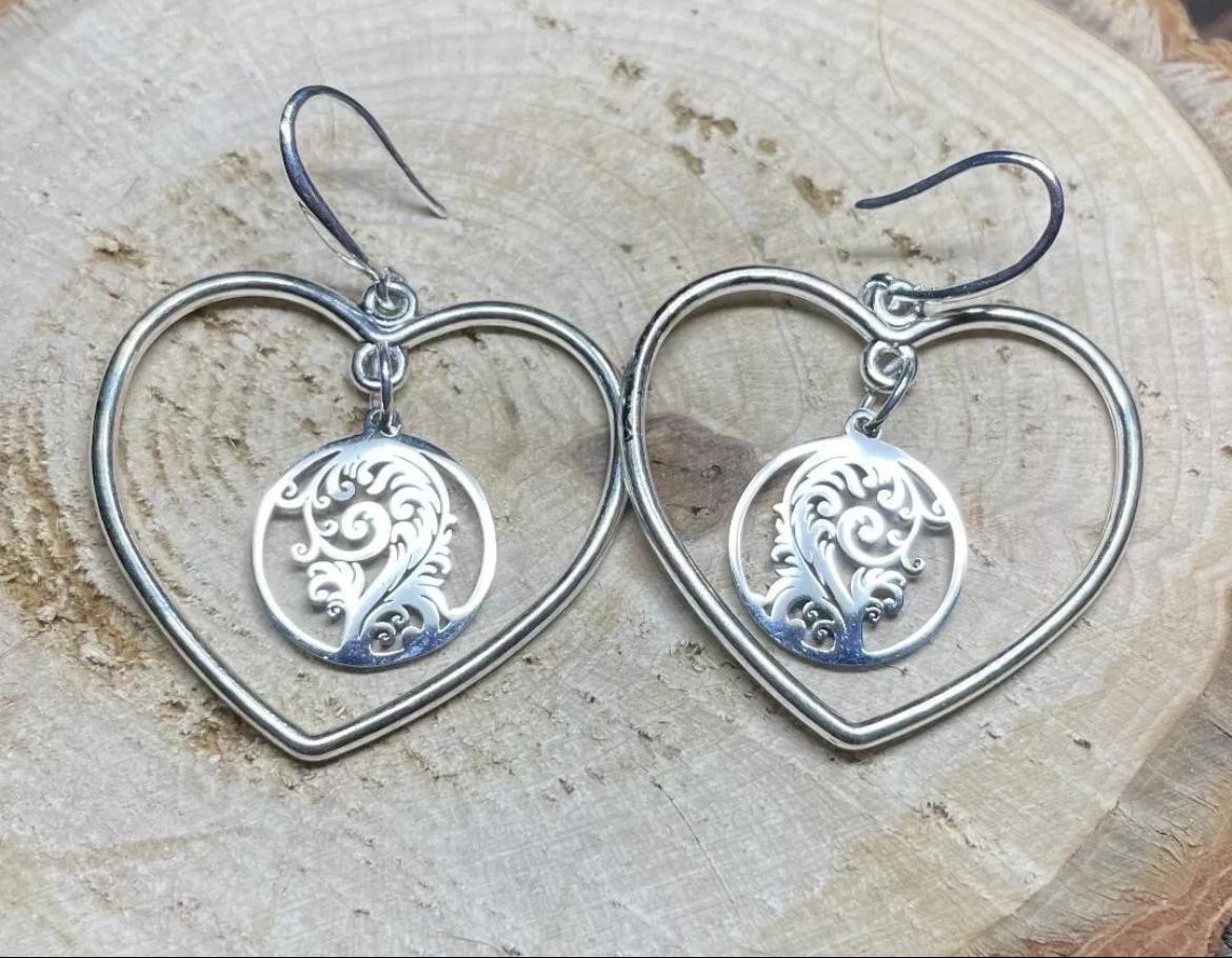 NEW Unique Stainless Steel & Alloy Silver Tone Swirl Charm Heart Hoop Earrings