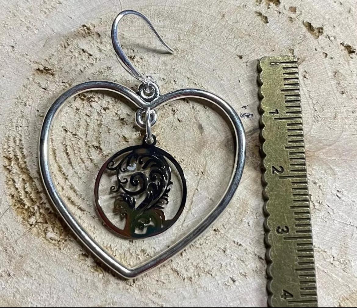 NEW Unique Stainless Steel & Alloy Silver Tone Swirl Charm Heart Hoop Earrings